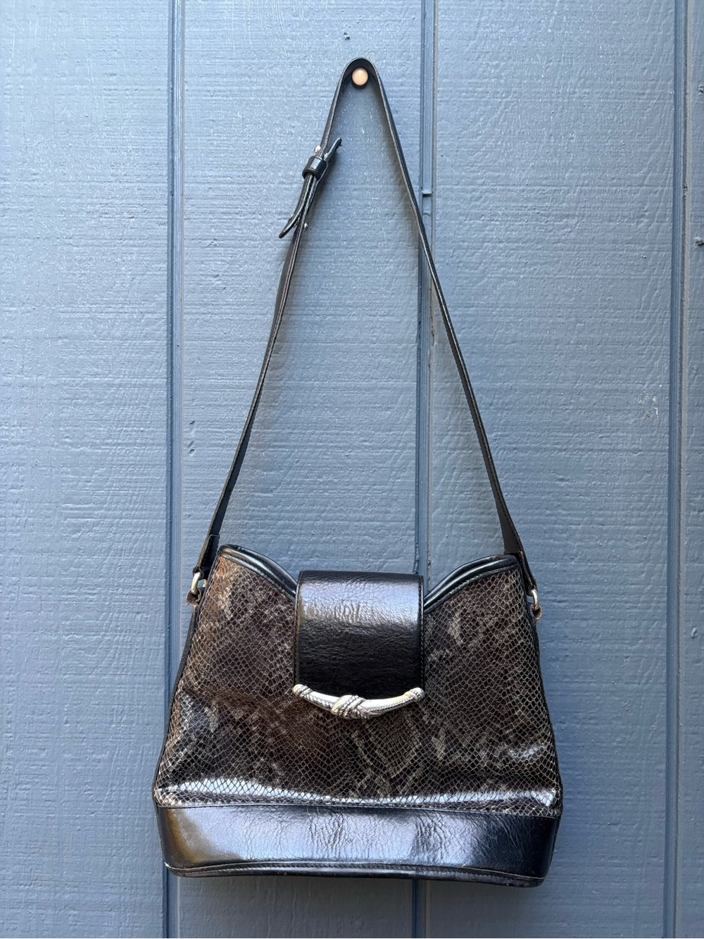 Vintage Brighton Black Snake-Print Shoulder Bag with Silver Accent